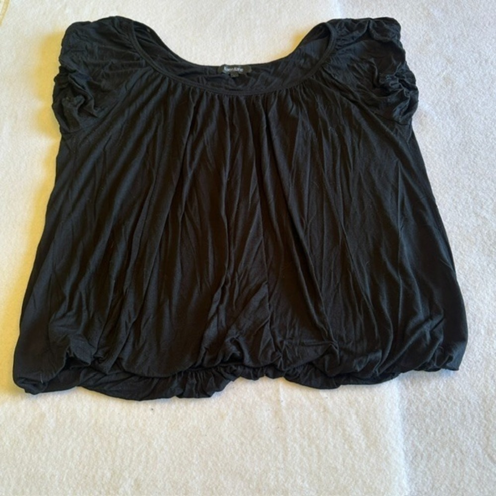 Karen Kane Bubble Hem Top Womens Large Black Ruched Scoop Neck Short Sleeve